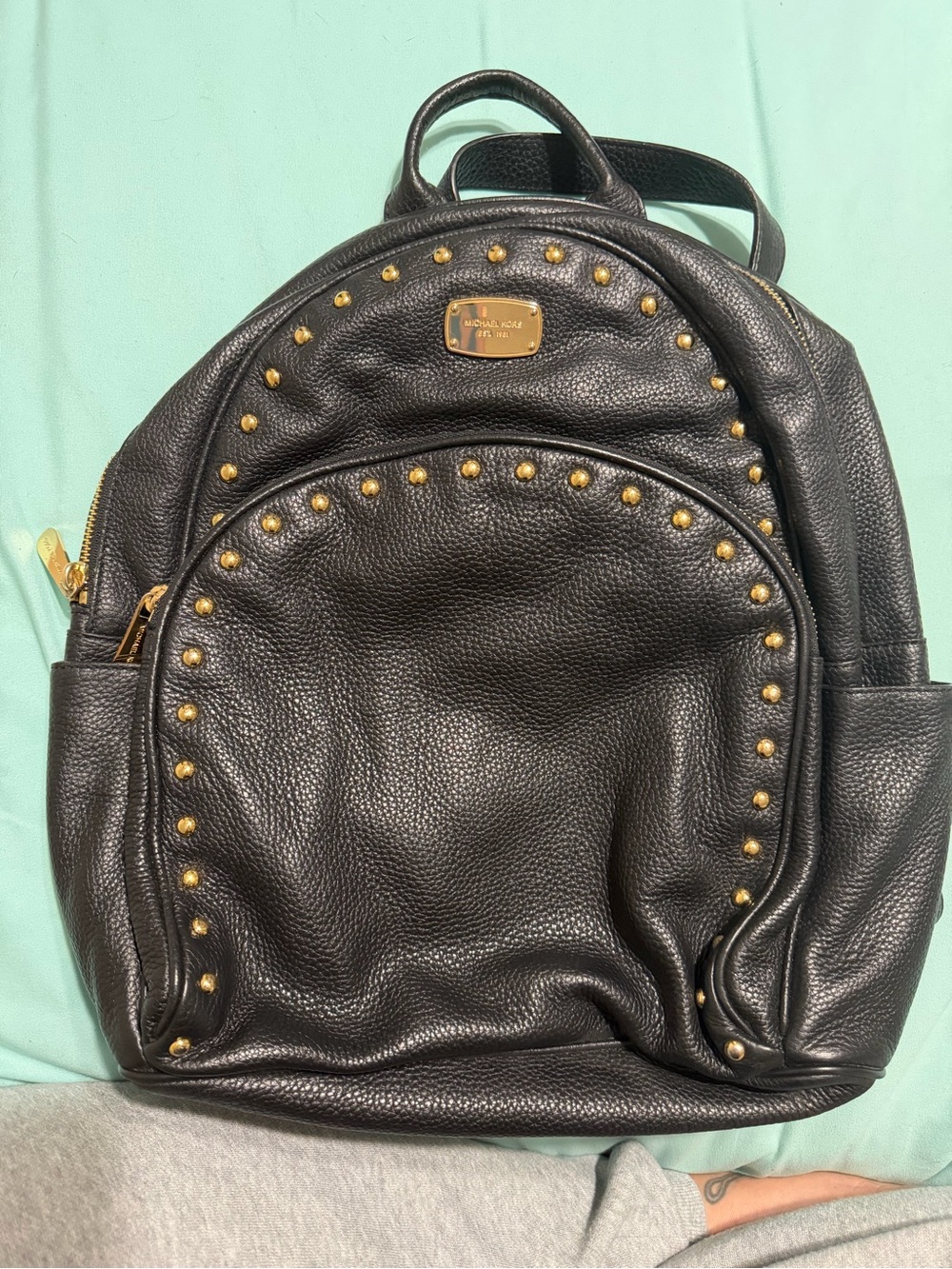 Michael Kors Black Leather Backpack with Gold Stud Accents